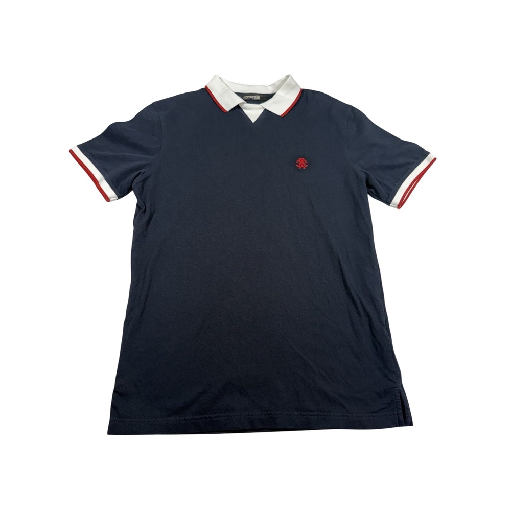 Roberto Cavalli Polo Shirt Men Large Navy Blue Excellent V-Neck Contrast Trim